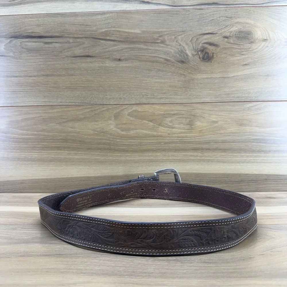 Ariat Tooled Mens Belt Size 38 Brown Leather Western Ranch Rodeo